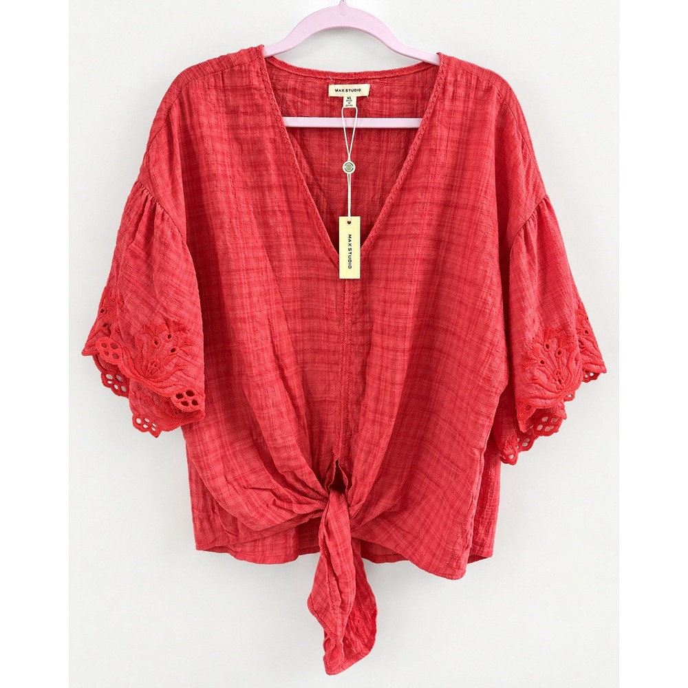 Max Studio Red Eyelet Embroidered Bell Sleeve Tie Front V-Neck Blouse XL NWT